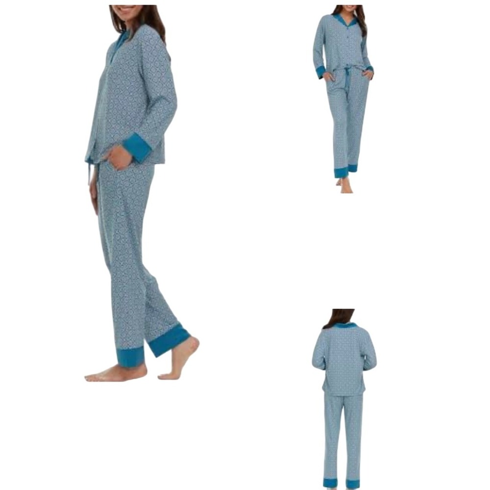 Flora Nikrooz Blue Geometric Print Pajama Set 2PC Long‎ Sleeve Button Front Med